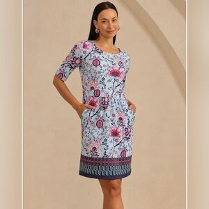 Talbots Stretch Floral Midi Dress Pink Blue Comfort Easy Versaitile Flattering L